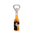 A drink bottle shaped opener with a metallic silver top and an amber-coloured bottle design, featuring a logo.