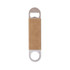 A drink bottle opener with a stainless steel top and a tan PU leather handle, featuring a logo.
