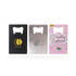 A drink bottle opener shaped like a card, featuring black, silver, and pink designs, with logos on some.