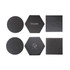 A set of slate coasters in various shapes: round, square, and hexagonal, featuring an embossed logo on some.