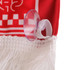 A red scarf with a white fringed edge and a suction cap attachment at one end. It has a logo or branding.