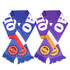Two knitted polyester scarves in blue, red, and purple with fringed edges and logos on the ends.