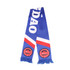 A blue and white knitted polyester scarf with red accents and tassels, featuring a logo.