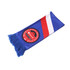 A knitted polyester scarf in blue with red and white stripes, featuring a logo in the centre and tasselled ends.