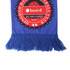 A knitted polyester scarf in vibrant blue with fringed ends and a logo design.