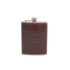 A drink bottle, brown leather hip flask with a silver screw top and embossed logo.