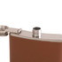 A drink bottle featuring a stainless steel top and a brown leather body. Includes a logo on the surface.
