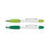 A multi-function pen with a white body and green accents, featuring two designs in the image.