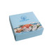 A blue mini tissue box featuring a seafood design and a logo on the top.