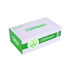 A white tissue box with green accents and a logo, featuring a simple rectangular design.