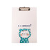A clipboard featuring a cute cartoon cat in a polka dot hoodie, predominantly white with teal and blue accents.