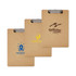 A wooden clipboard featuring three designs, all in natural brown colour with various logos.