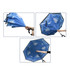 A blue reversible folding umbrella with a cloud design, featuring a curved handle and a logo.