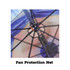 A sport umbrella featuring a black protective net and a fan mechanism, with a vibrant blue interior.