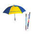 A full colour sports umbrella featuring a blue and yellow design, with a black handle and a logo on its canopy.