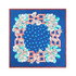 A blue silk chiffon scarf featuring a floral design and a decorative border in contrasting colours.