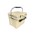 A 15L cooler box in cream colour with a sturdy handle and a logo on the side.