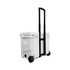 A white cooler box with wheels and a retractable handle, featuring a black strap and wheels for mobility.