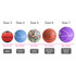 Five basketballs in various sizes and colours, including red, blue, and purple, each with different designs and patterns.