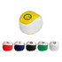A colourful hacky sack featuring yellow and white, with various coloured designs on other sacks. Includes branding elements.