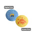 A water bouncing disc featuring a blue water pattern on one side and a yellow splash design on the other. It has branding on both sides.