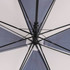 A RPET umbrella with a straight handle, featuring a geometric design in shades of blue and white, with a black frame.