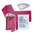 A pink cooling towel with a textured design, packaged with a carabiner and a transparent pouch.