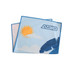 A microfibre beach towel featuring a sky blue design with a sun and stylised leaves, branded with a logo.