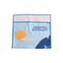 A microfibre beach towel measuring 30x50cm, featuring a blue background with a sun and clouds design. It has a logo.
