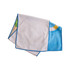 Microfibre beach towel in blue and white, featuring a vibrant design and edged with a blue trim.