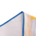 A microfibre beach towel with a vibrant design featuring yellow and pastel colours, edged in blue stitching.
