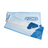A microfibre beach towel in light blue, featuring a cloud and wave design, with a logo. Size: 70x140cm.