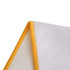 A white sports towel with a vibrant yellow border, featuring a textured surface and a logo in one corner.