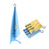 A blue and yellow golf towel with a clip, featuring various designs and a logo.