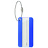 A square aluminium luggage tag in blue and silver, featuring a writable white section and a metal attachment.