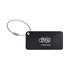 A square aluminium luggage tag in black with a silver metal attachment and a logo.