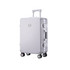 A ribbed ABS suitcase in white with four wheels and a retractable handle, featuring a logo on the front.