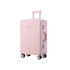 A pink ribbed ABS suitcase with wheels, a telescopic handle, and a logo on the front.