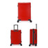 A red wheeled suitcase with a retractable handle and durable wheels, featuring a smooth surface and a logo.