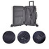 An ABS business suitcase in white with an open interior, featuring black compartments, zippers, and a wheeled base.