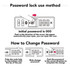A diagram illustrating the password lock use method, featuring a combination lock and instructions to change the password.