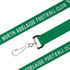A green woven lanyard with a metal clip and branding, suitable for events and exhibitions.