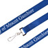A blue woven lanyard with a metal clip and branding. Suitable for holding identification or accessories.