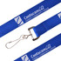 A blue woven lanyard with a silver clip and a logo.