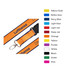 A detailed woven lanyard in orange and navy, featuring a metal clip and a logo.