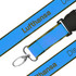 A detailed woven lanyard in bright blue with a black clasp and metal clip, featuring a logo.