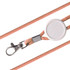 An epoxy domed lanyard with a white circular holder, featuring orange and white striped fabric and a metal clip.