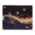 A mouse mat featuring a vibrant rainbow design with butterflies and floral elements on a black background.