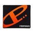 A black mouse mat featuring an orange logo and branding. The mat has a smooth surface for easy mouse movement.