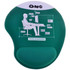 A green Bean Gel Pad with a contoured design, featuring a logo and an illustration related to office ergonomics.